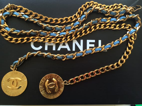 A vintage 1980s Chanel gold chain belt, available on Etsy for RM 4,515.94