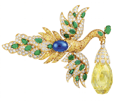The Walska Briolette Diamond clip and pendant, adorned with emeralds, yellow and white diamonds, a sapphire and a 96.62-carat briolette-cut yellow diamond