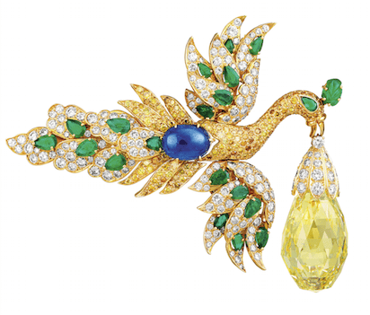 The Walska Briolette Diamond clip and pendant, adorned with emeralds, yellow and white diamonds, a sapphire and a 96.62-carat briolette-cut yellow diamond 