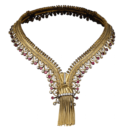 The iconic Zip necklace, circa 1954, adorned in platinum, gold, rubies and diamonds