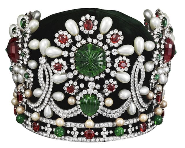 A replica crown of Her Imperial Highness Farah Pahlavi of Iran, which is said to weigh at an approximate 2 kilograms