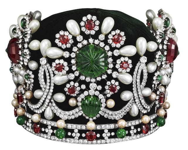 A replica crown of Her Imperial Highness Farah Pahlavi of Iran, which is said to weigh at an approximate 2 kilograms 