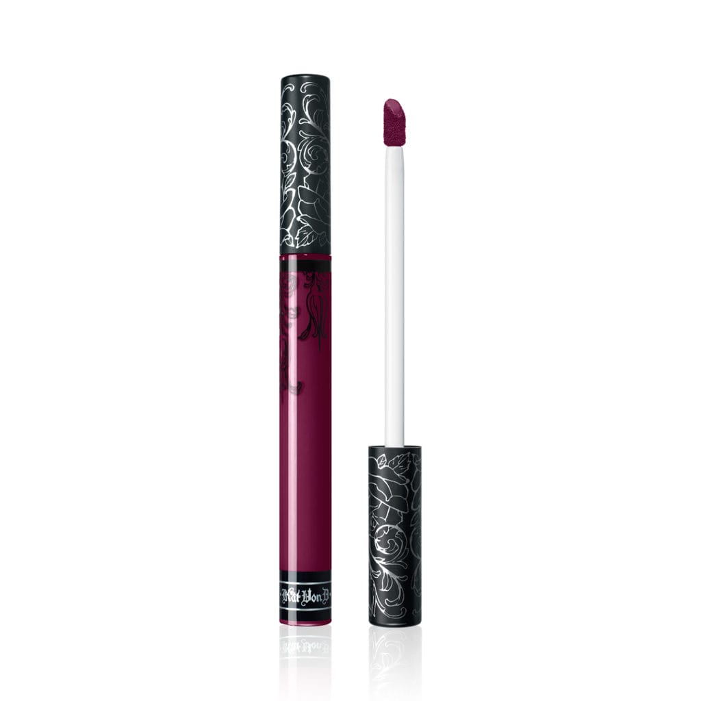 The iconic Kat Von D Beauty Everlasting Liquid Lipstick in Exorcism, a majestic plum shade