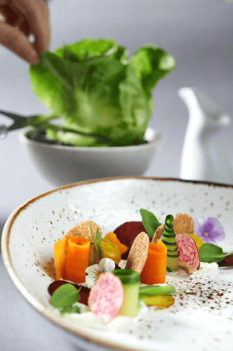 "Fresh harvested lettuce," forest farm vegetables, edible flowers, herb vinaigrette, sourdough crostini