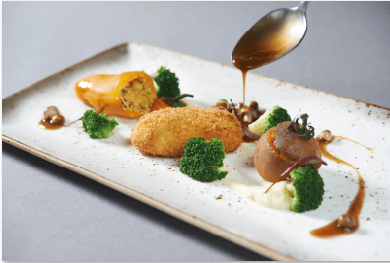 Stuffed baby peppers and tomatoes, tofu croquettes, mushroom jus