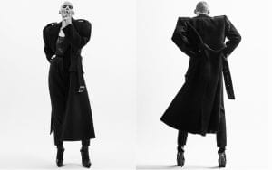 Coat; top; pants; socks; and heels, all from Saint Laurent by Anthony Vaccarello.