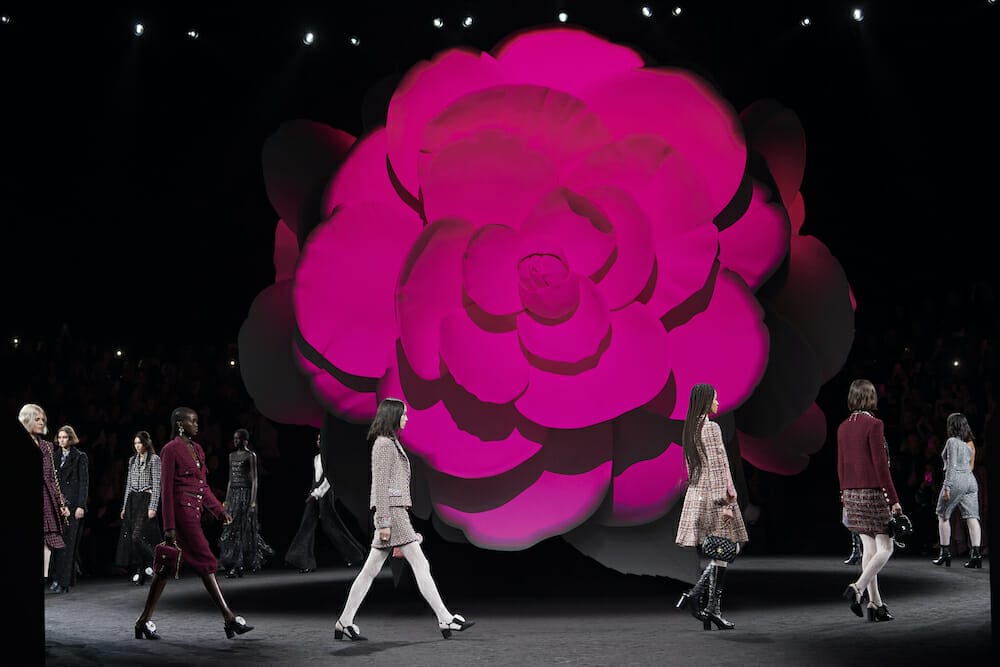 chanel autumn winter 2023 runway finale with pink camellia