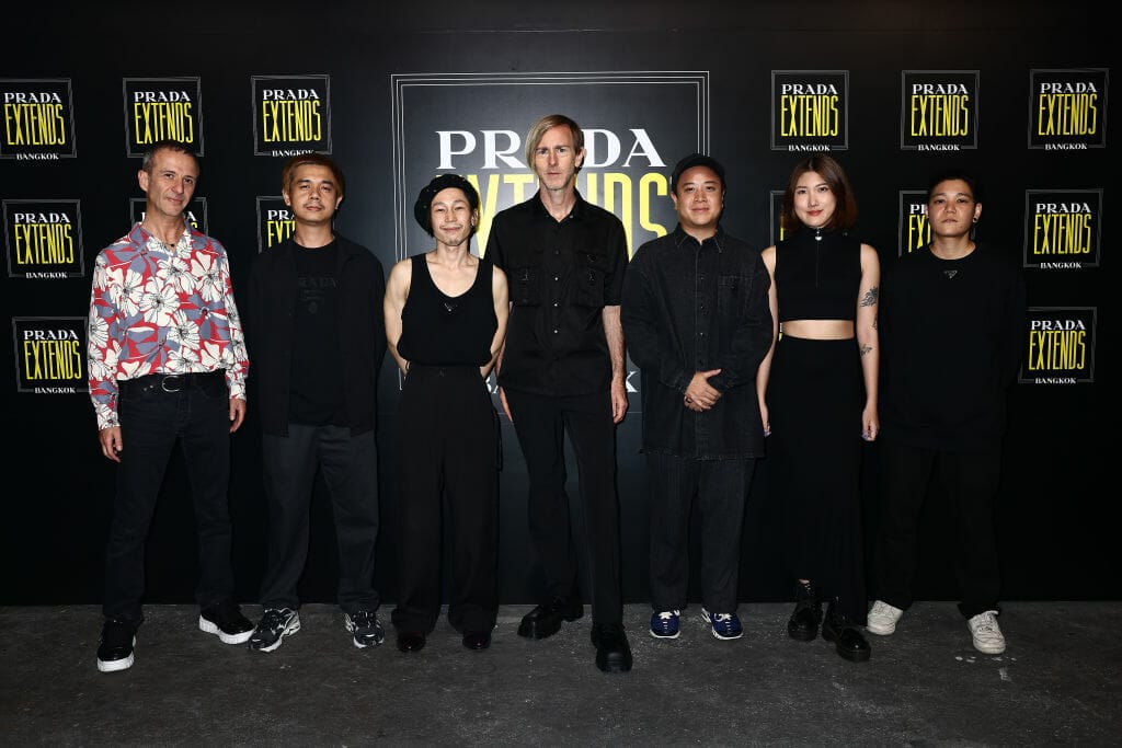 Ali Demirel, Chaiyapat Natt Plubsiri aka yellowtrash, Footprints on Mars, Richie Hawtin, Sarayu, BongBongQuayQuay and Ellie Khodayar attend Prada Extends Bangkok 2023 at the Warehouse Stadium