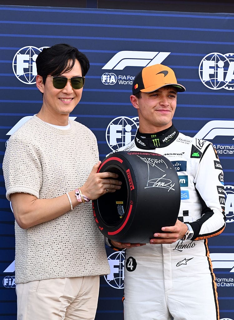 Lando Norris receives his Pirelli Pole Position Award from Lee Jung-jae at the F1 Grand Prix of Monaco