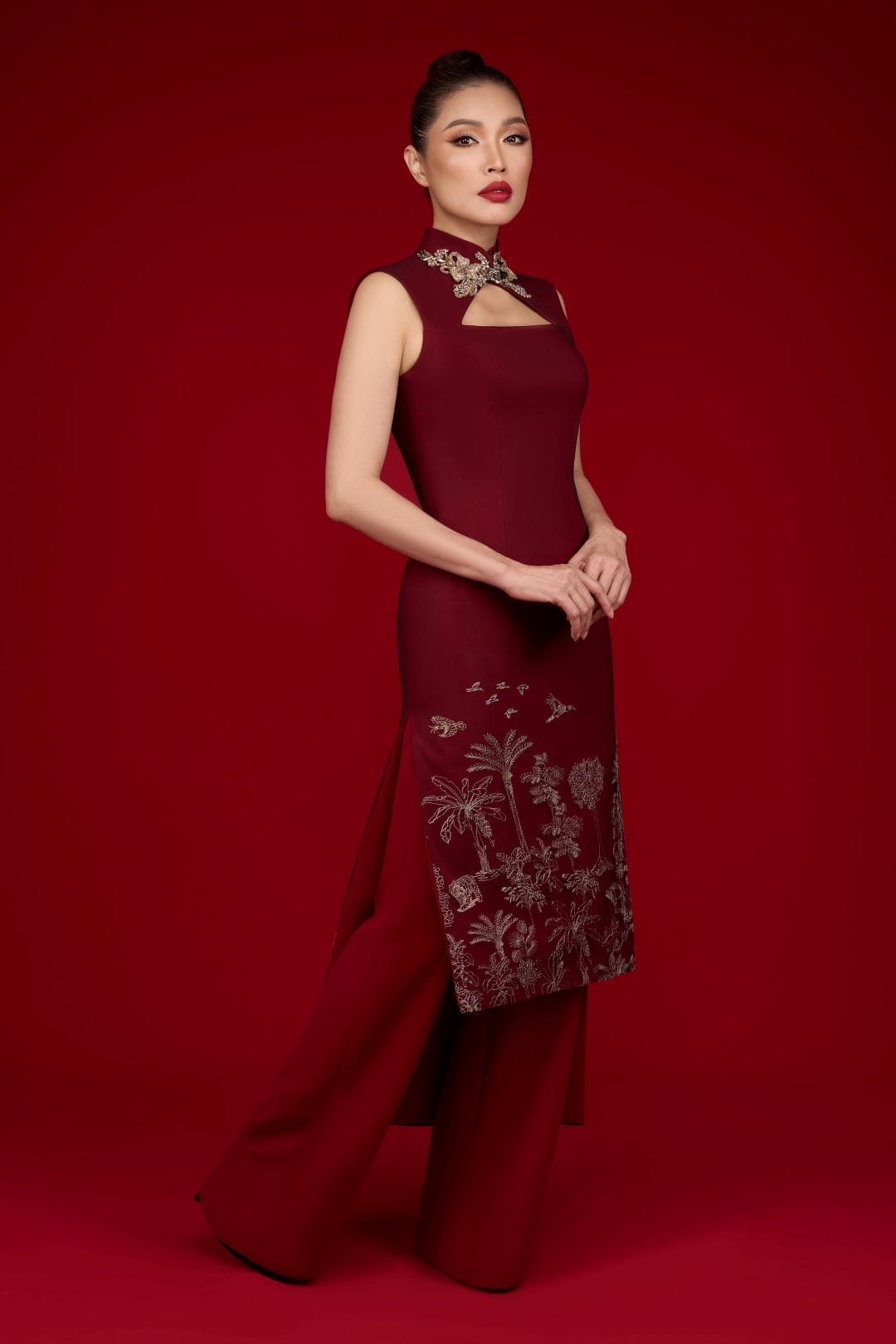 Malaysian-chinese model, Amber Chia, models a red ao dai inspired outfit by Rizman Ruzaini 